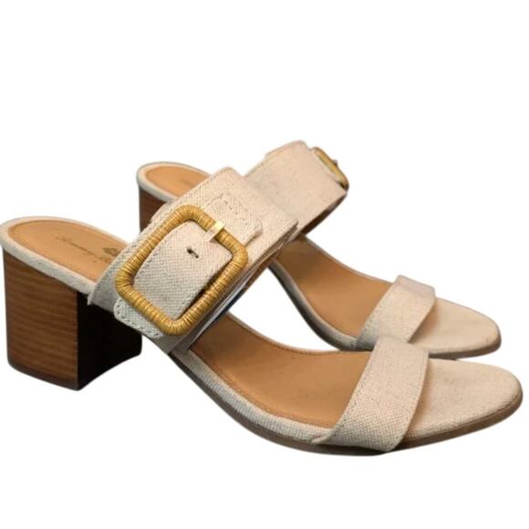 Tommy Bahama Trista Linen Heels 9M | Gold Buckle Block Heel Resort Vibes - Picture 1 of 7
